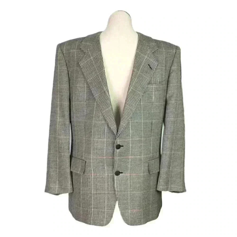 Gieves & Hawkes Men 43 R Houndstooth 2 Button Bespoke Blazer Silk Wool Black Tan
